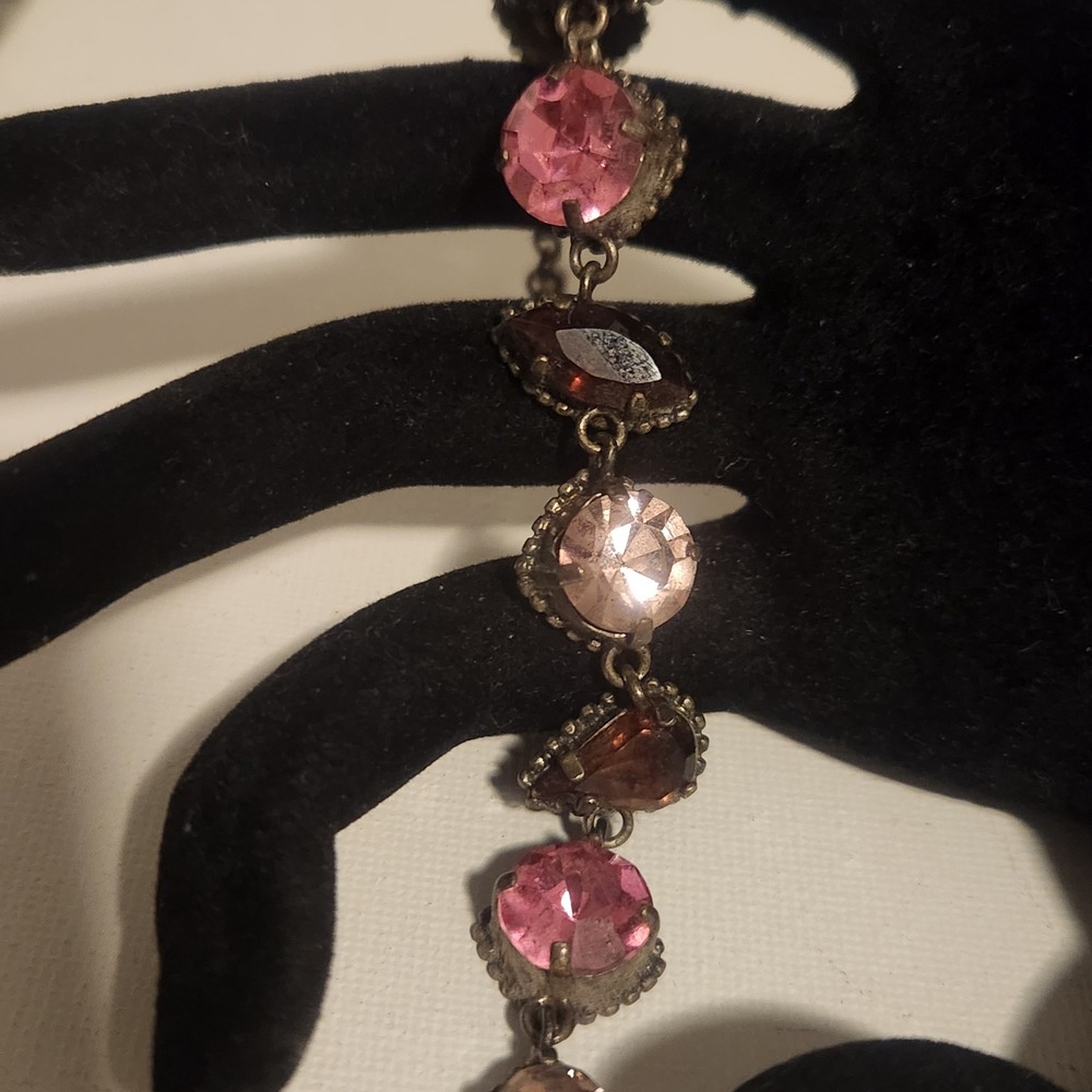 Vintage Style Pink purple Rhinestone Toggle Link Bracelet Antiqued Silver Tone